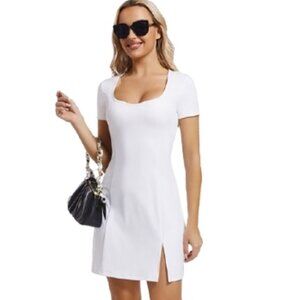 Square Neck Short Sleeve Casual Summer Dress White L